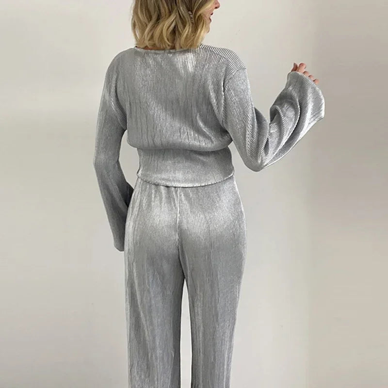 Luxury Bright Material Autumn Deep V Puff Sleeve Tops+Groups of Full Pants Sets Fashion Women Solid Loose Outfits Two Piece