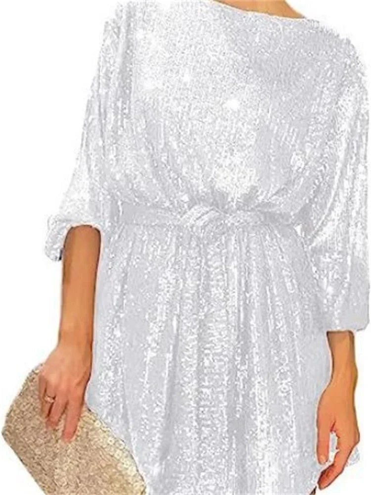 Women Loose Sparkly Prom Dresses 2023 Gold Black Silver Sequin Round Neck Short Party Dress With Belt Elegant Night Club Outfits