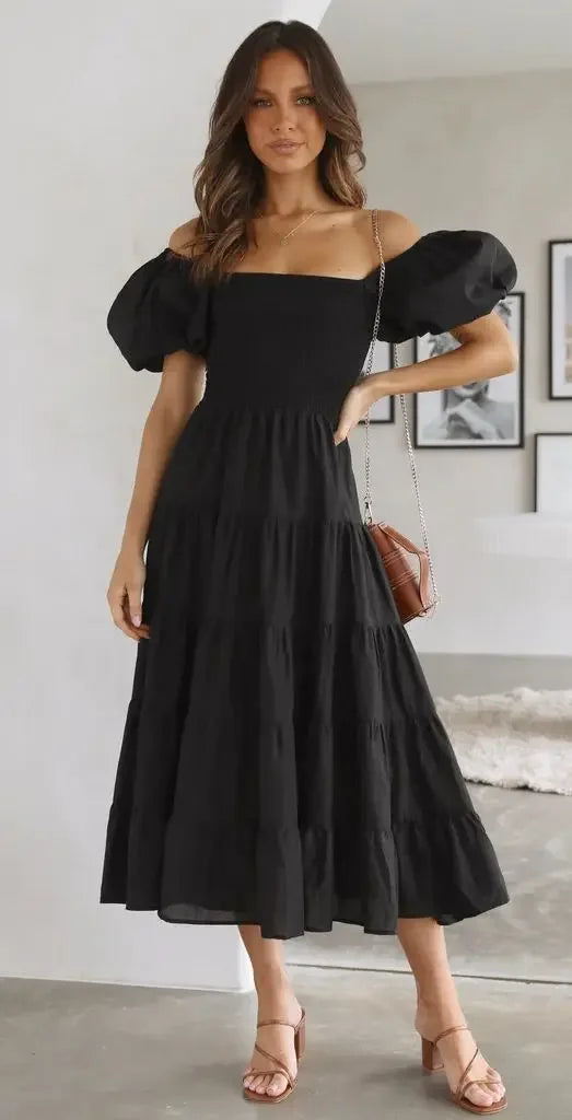 New style bubble sleeve holiday slim long skirt spice girl high waist one shoulder print dress