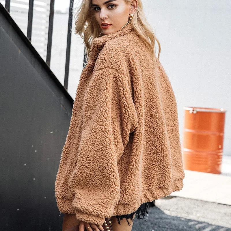 FMFSSOM Fashion Autumn Women Teddy Bear Fluffy Jacket Stand Collar Loose Plush Jacket Brown Solid Warm Outwear Faux Lamb Coats
