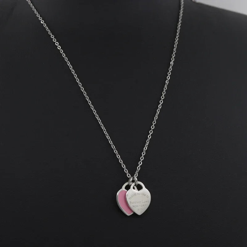 Double Heart SS Pendant Necklace