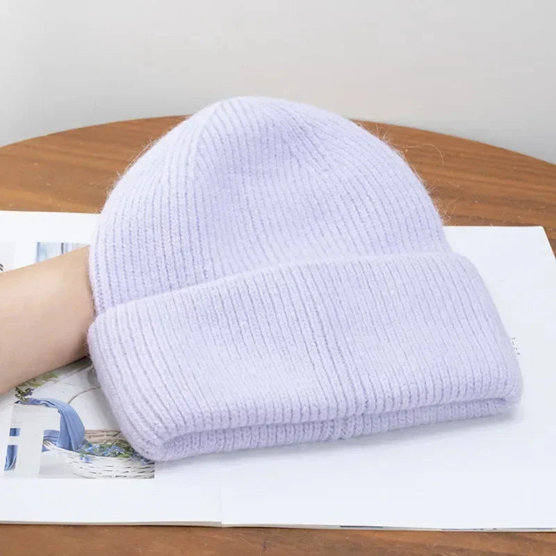 Fashion Warm Skullies Angola Rabbit Fur Winter Knitted Beanies Women Cap Female Three Fold Ski Outdoor Hats