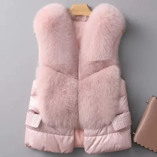Leather and Fur Vest Women's Short Down Feather Imitation Fox Slim Temperament Jacket 23 New Autumn and Winter Fashion All-match