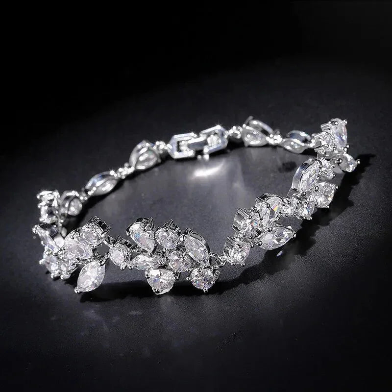 Uilz Luxury Leaf Shaped Bracelet White Gold Color AAA Cubic Zirconia Bracelets Gift for Women Prom Evening Party Jewelry