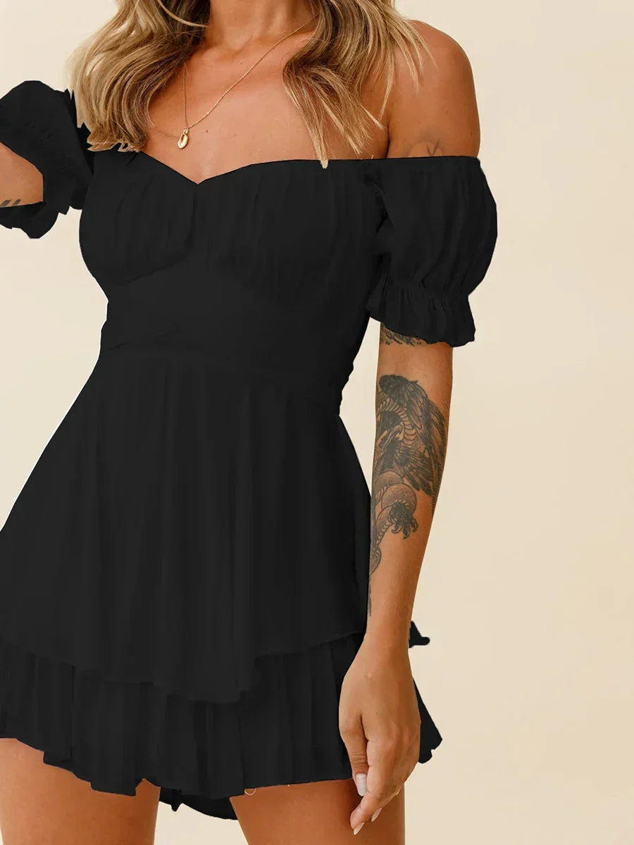 Women s Boho Off Shoulder Romper Double Layer Ruffle Hem Lantern Long Sleeve Waist Tie Back Chiffon Short Jumpsuits