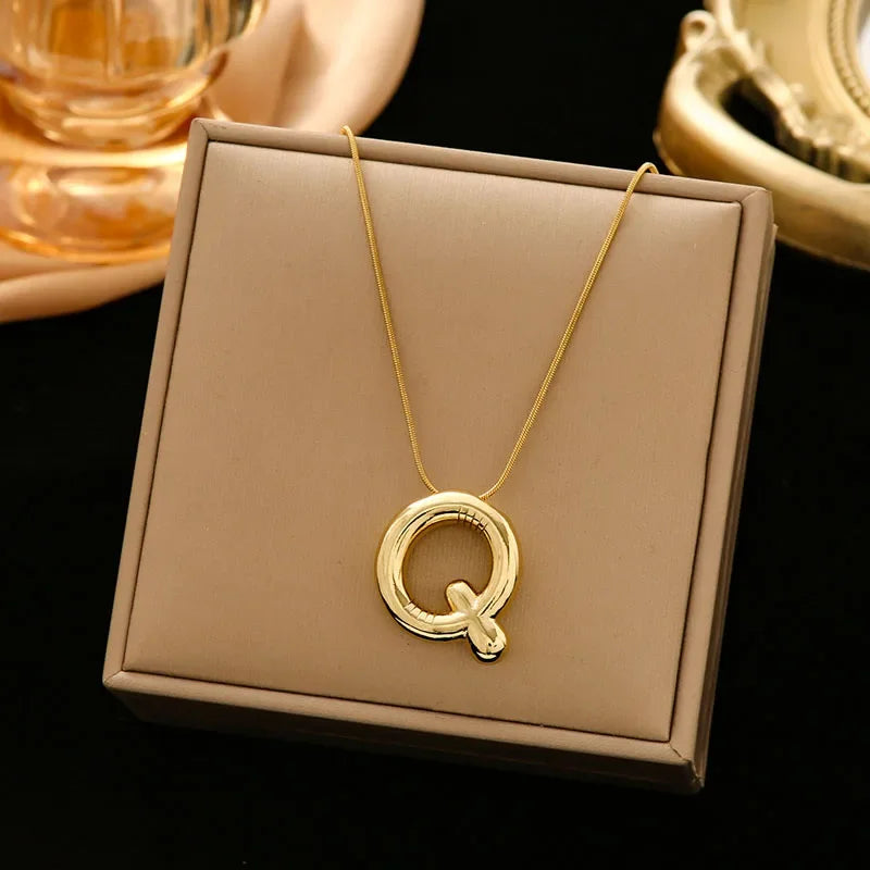 Stainless Steel Chain Gold Plated Letter Necklaces Chunky Alphabet Balloon Bubble Initial Pendant Necklace for Women Men Jewelry
