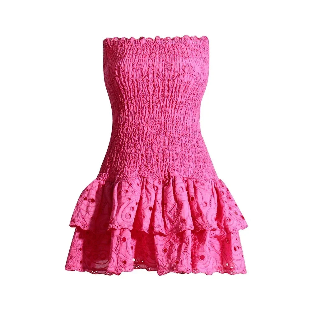 TWOTWINSTYLE Cut Out Layered Hem Sexy Dress For Women Strapless Sleeveless Off Shoulder High Waist Mini Dresses Female Clothing