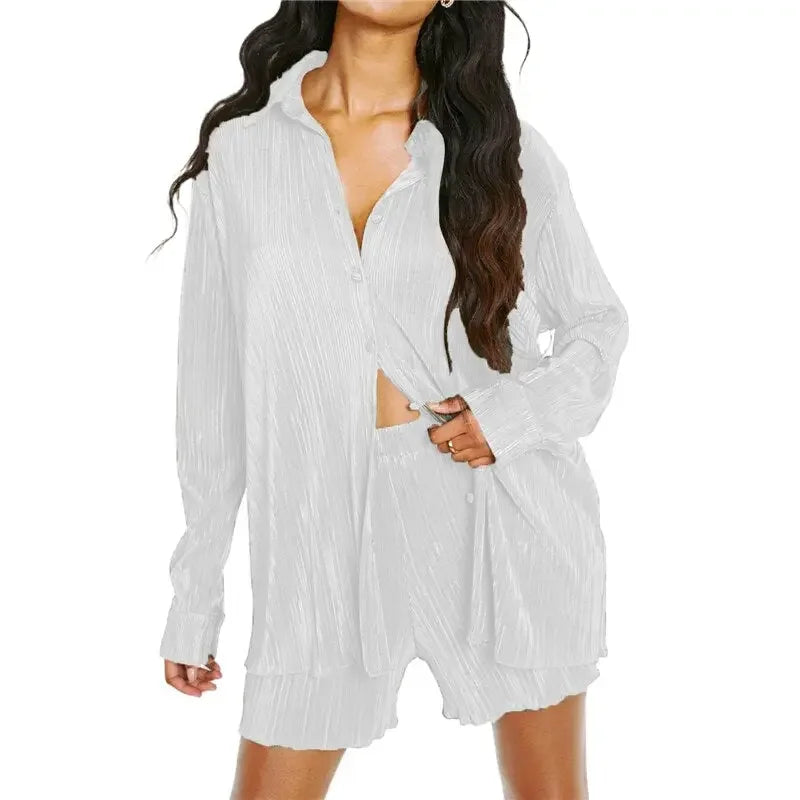 Essentials Long Sleeve Button Down Shirt Tops and Shorts Set