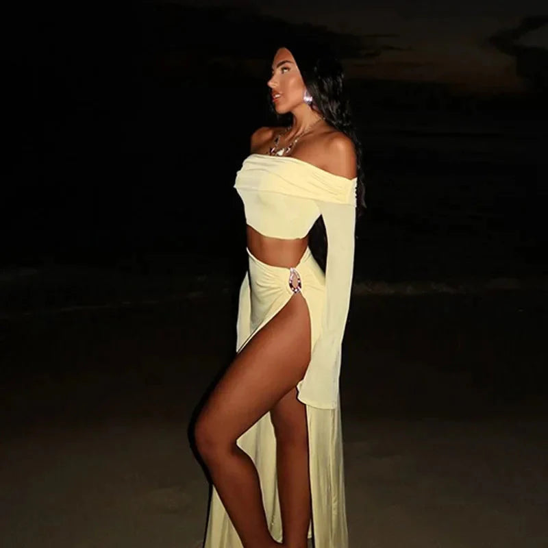 Women's Solid Beach Skirt Sets Sexy High Split Slim Bohemian Outfits Off The Shoulder Holiday Fashion 2 Piece Set 2025 Beachwear