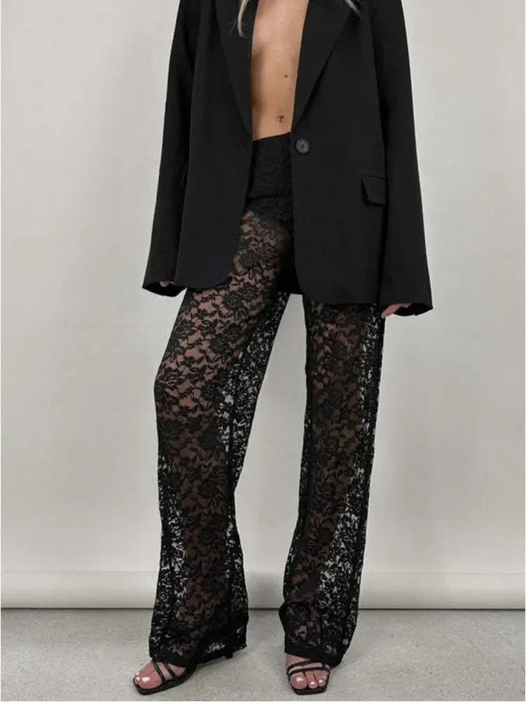 JULISSA MO 2023 Summer See Through Lace High Waist Pants For Women Wide Leg Baggy Trousers Solid Fashion Straight Casual