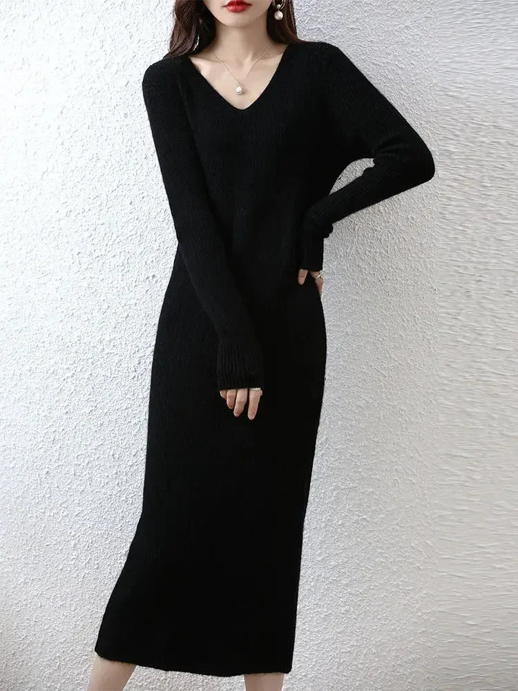 Elegant Long Sleeve Ribbed 100% Merino Wool Sweater Dress