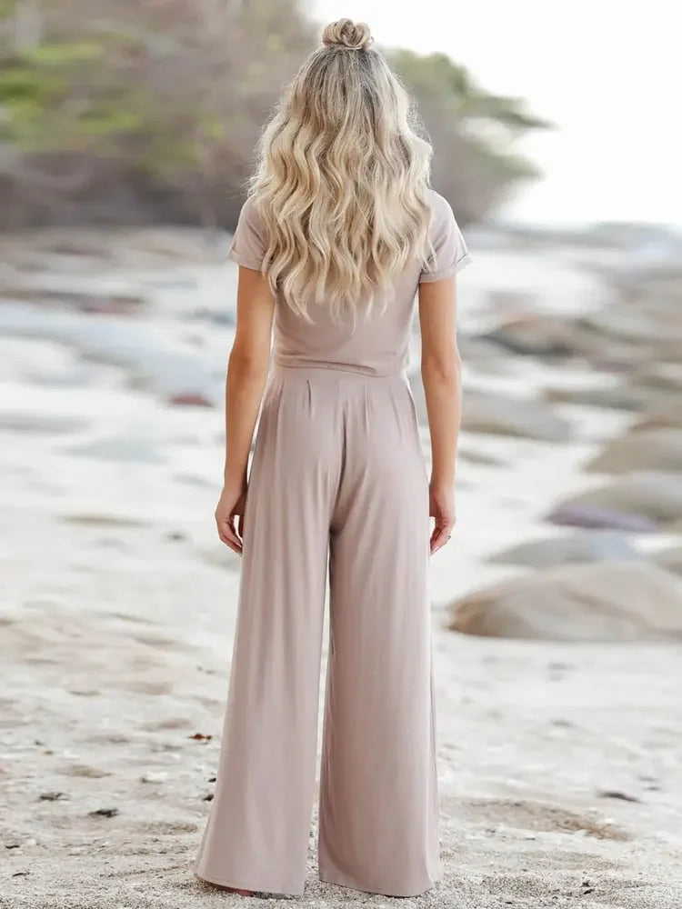 LUX Ladies Classic Lounge Short Sleeve Top + Wide Leg Pants Set