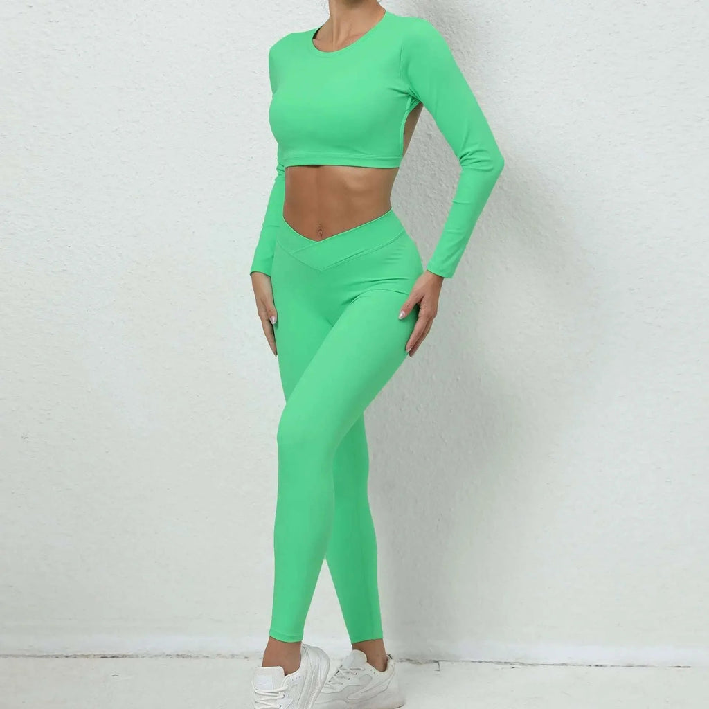 Seamless Backless Yoga Sets Sports Fitness High Waist Hip-lifting Trousers Long-Sleeved Suit Workout Gym Leggings Set for Women