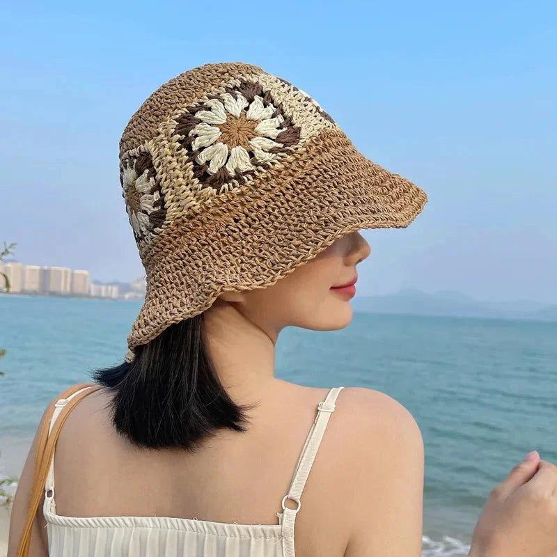 Women Sun Beach Crochet Flowers Hat Fisherman Hat Tourism Female Vacation Paper Straw Bucket Hat