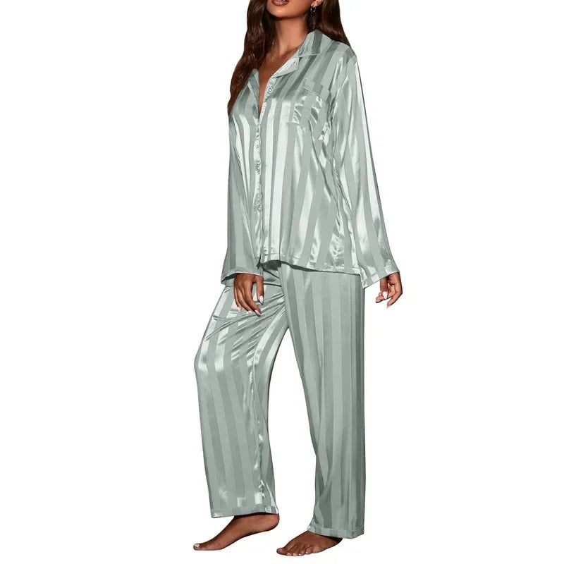 Women's striped pajama set, solid French silk satin pajamas, two piece set, comfortable home pajamas