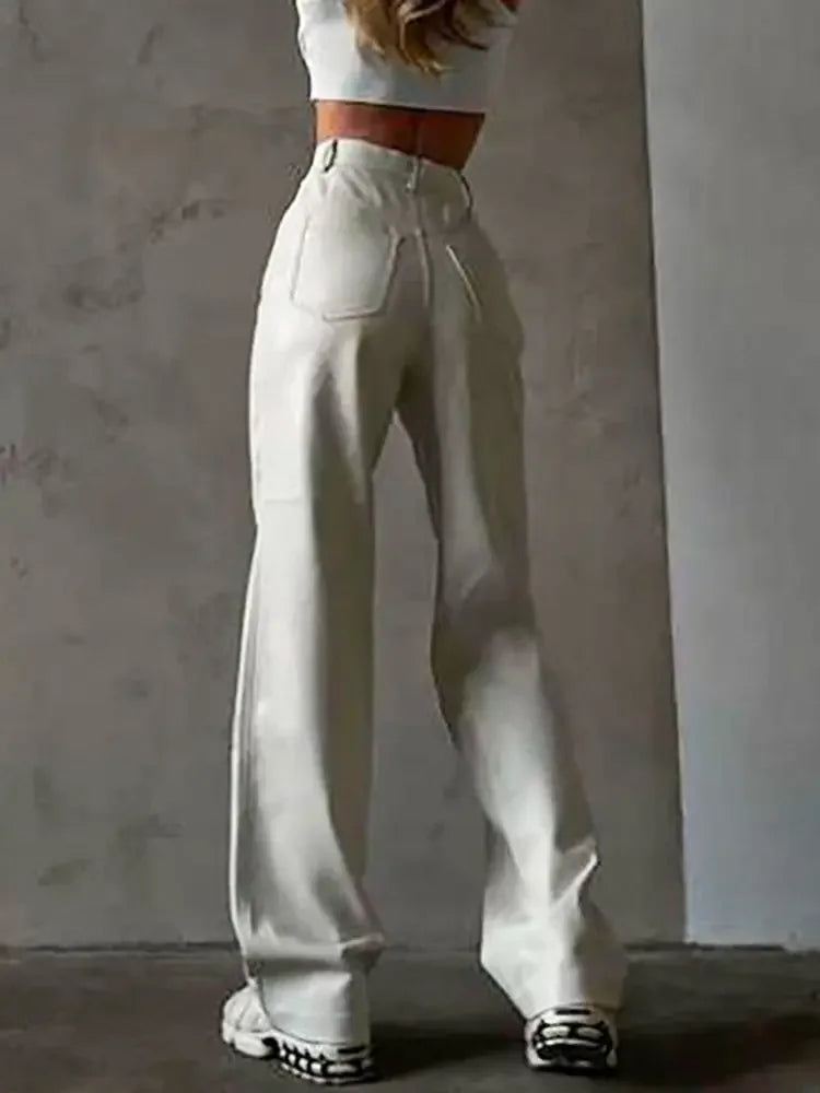 White Faux Leather High Waist Button Up Straight Leg Pants