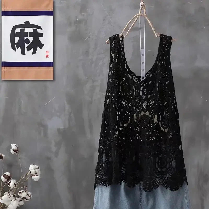 2024 Women Beach Crochet Daily Hollow Out Knit Loose-fitting Round Collar Spaghetti Strap Crop Top Scalloped Loose Vest L45