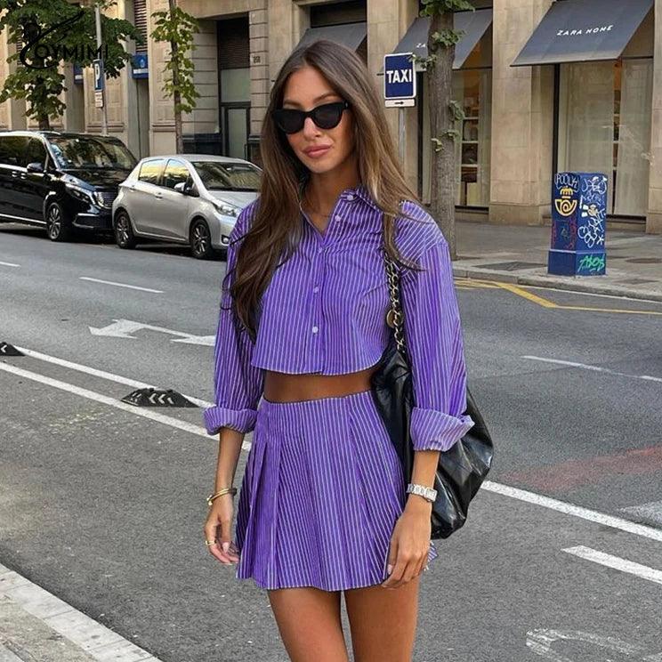 Oymimi Elegant Blue Striped Print Sets For Women 2 Pieces Fashion Long Sleeve Button Crop Tops And High Waist Pleated Skirts Set