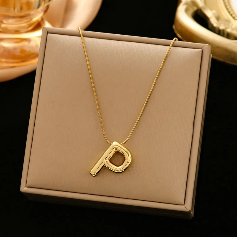 Stainless Steel Chain Gold Plated Letter Necklaces Chunky Alphabet Balloon Bubble Initial Pendant Necklace for Women Men Jewelry