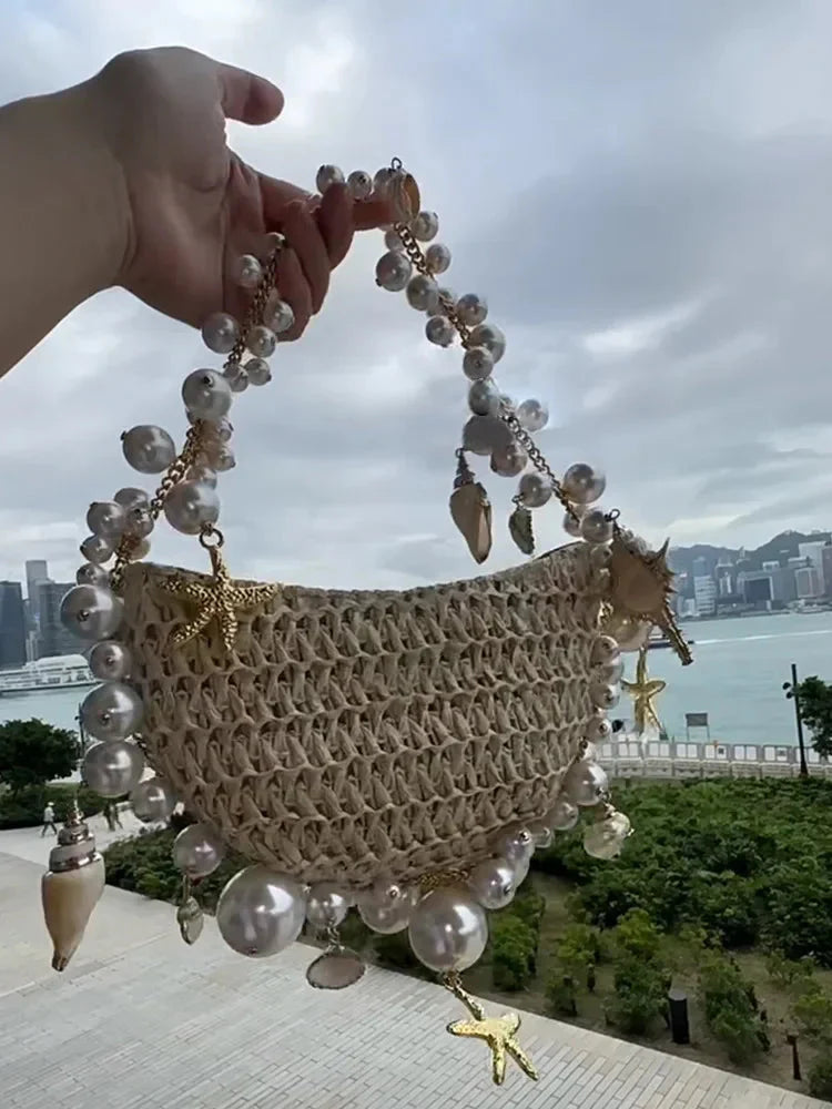 Lady Evening Bags For Women Luxury Designer Brand Handbags And Purses 2023 New In Papyrus Woven Chain Beaded Trim Shoulder Bag