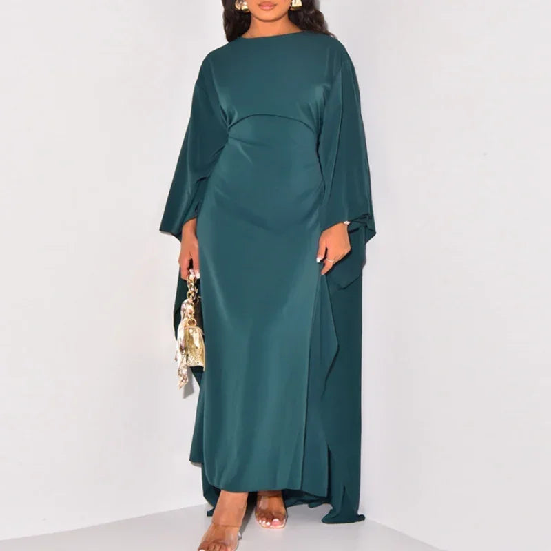 Chic Simple Basic Color Solid Long Robe Elegant O Neck Batwing Sleeve Commute Dress Casual Women Fashion Loose Swing Party Dress
