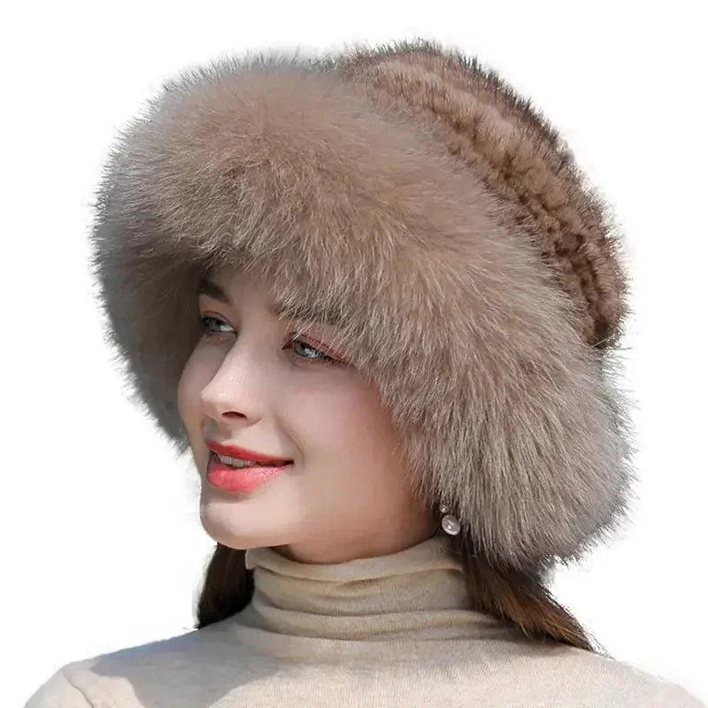 New Genuine Real Natural Knitted Mink Fur Hat Cap Luxury Women Handmade Knit Fashion Winter Headwear Warm Real Fox Fur Beanies