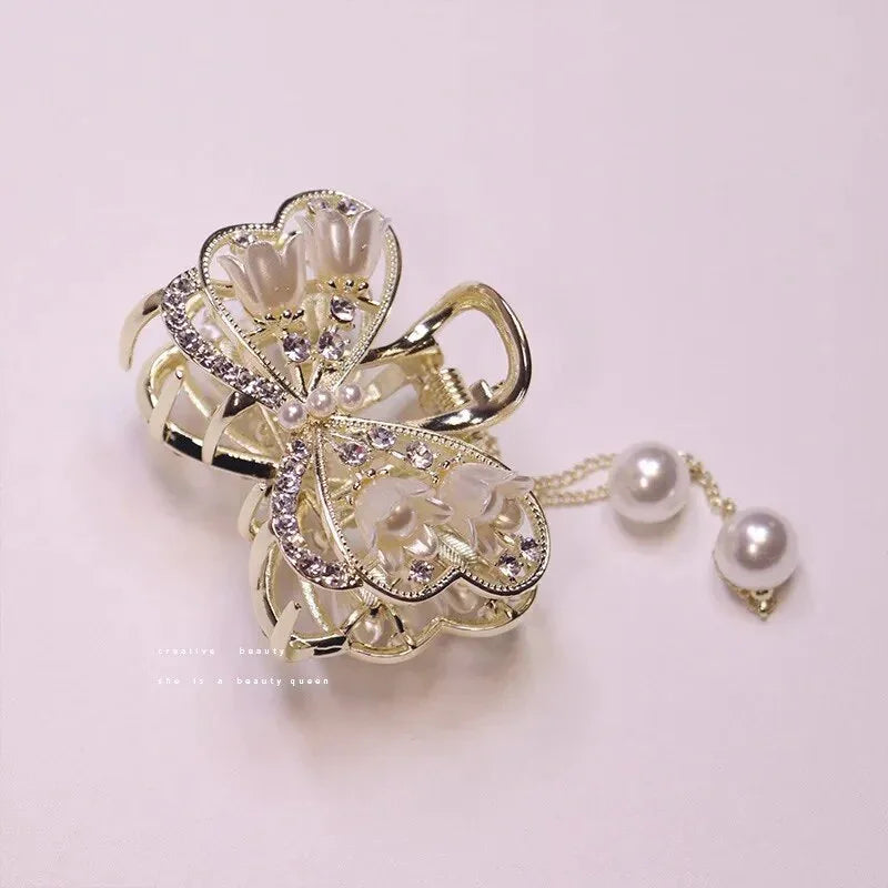 Luxury Flower Bowknot Hair Claw Women Crystal Alloy Tassel Hair Clips Girls Fashion Simplicity Shark Crab Clips Hair Accessoires