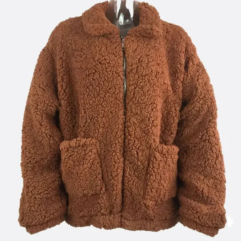 FMFSSOM Fashion Autumn Women Teddy Bear Fluffy Jacket Stand Collar Loose Plush Jacket Brown Solid Warm Outwear Faux Lamb Coats