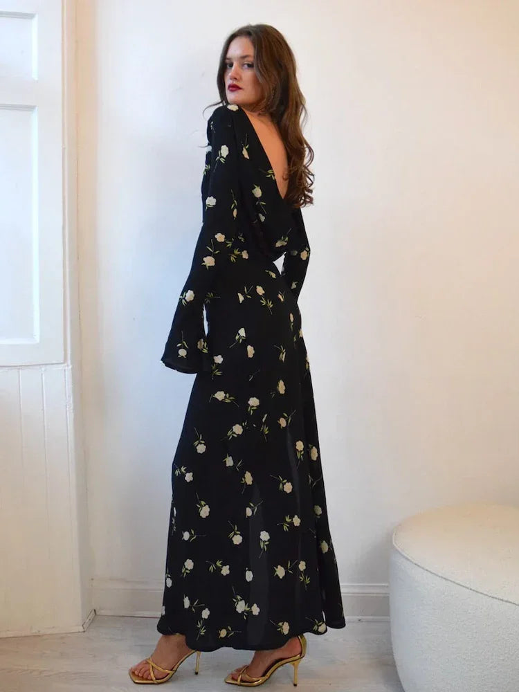 Chiffon Floral Print Long Sleeve Backless Maxi Dress