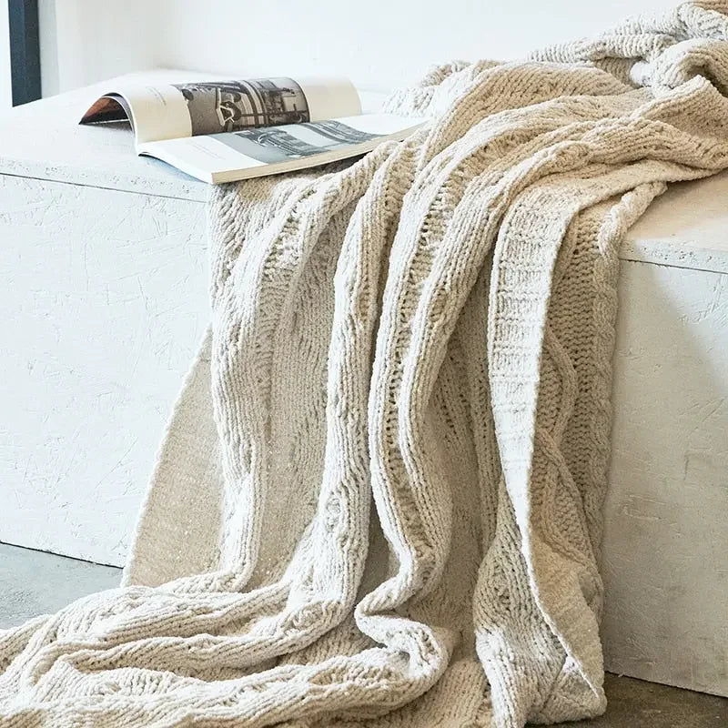 Chunky Knit Chenille Blanket With Pompoms