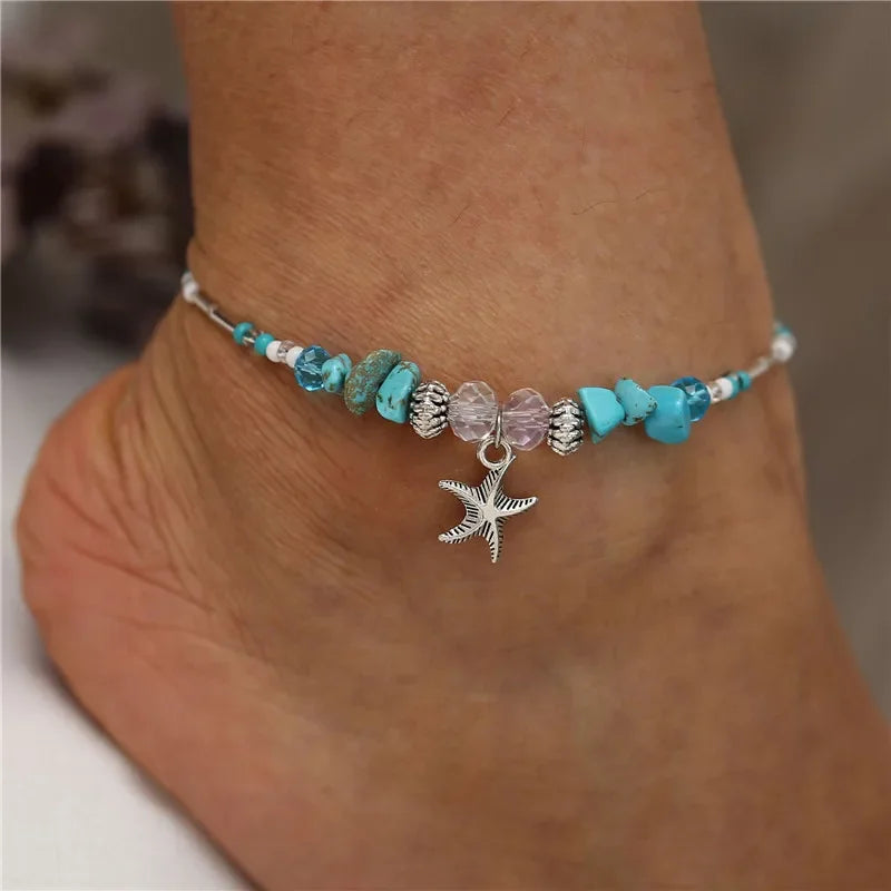 Modyle Vintage Silver Color Beads Starfish Anklets For Women Handmade Beaded Ankle Bracelet Summer Beach Foot Jewelry