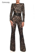 Spring Sexy Jumpsuits Elegant Chic Women Hollow Out Lace Jumpsuits Long Sleeve High Waist Tight Evening Party Overalls White
