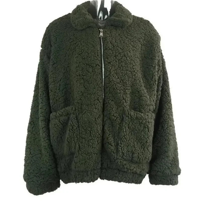 FMFSSOM Fashion Autumn Women Teddy Bear Fluffy Jacket Stand Collar Loose Plush Jacket Brown Solid Warm Outwear Faux Lamb Coats