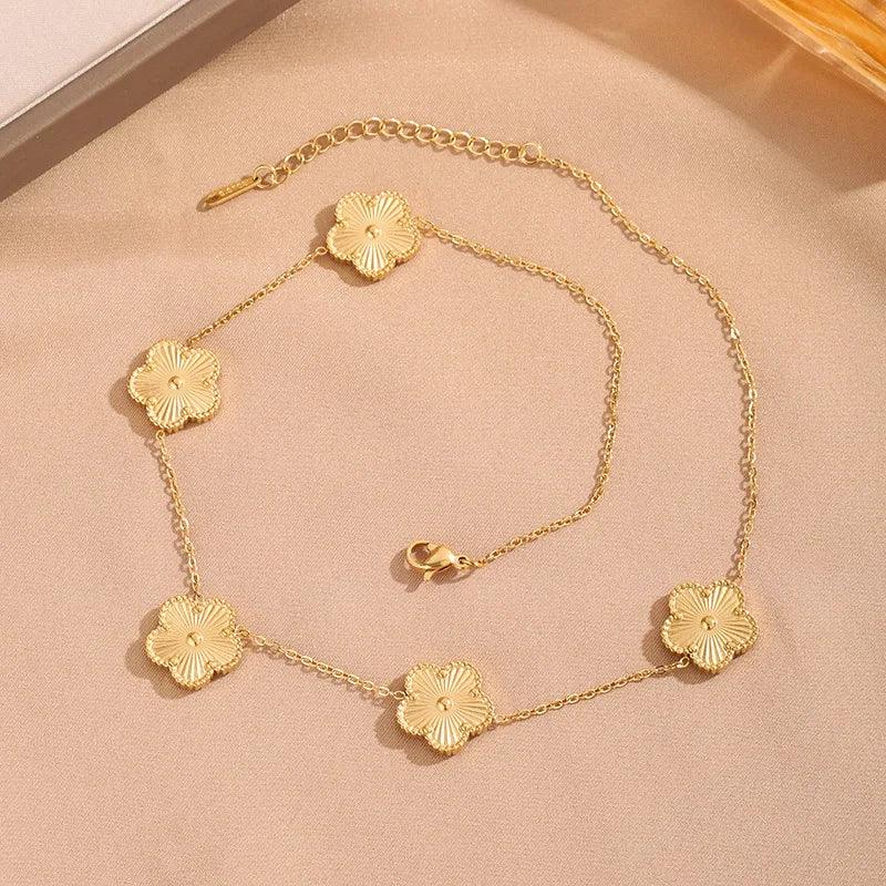 Shining Plum Blossom Plant Five Leaf Flower Plant Jewelry Set Bracelet Necklace Earrings Women's Stainless Steel Clover