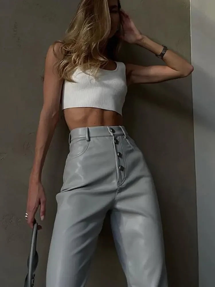 White Faux Leather High Waist Button Up Straight Leg Pants