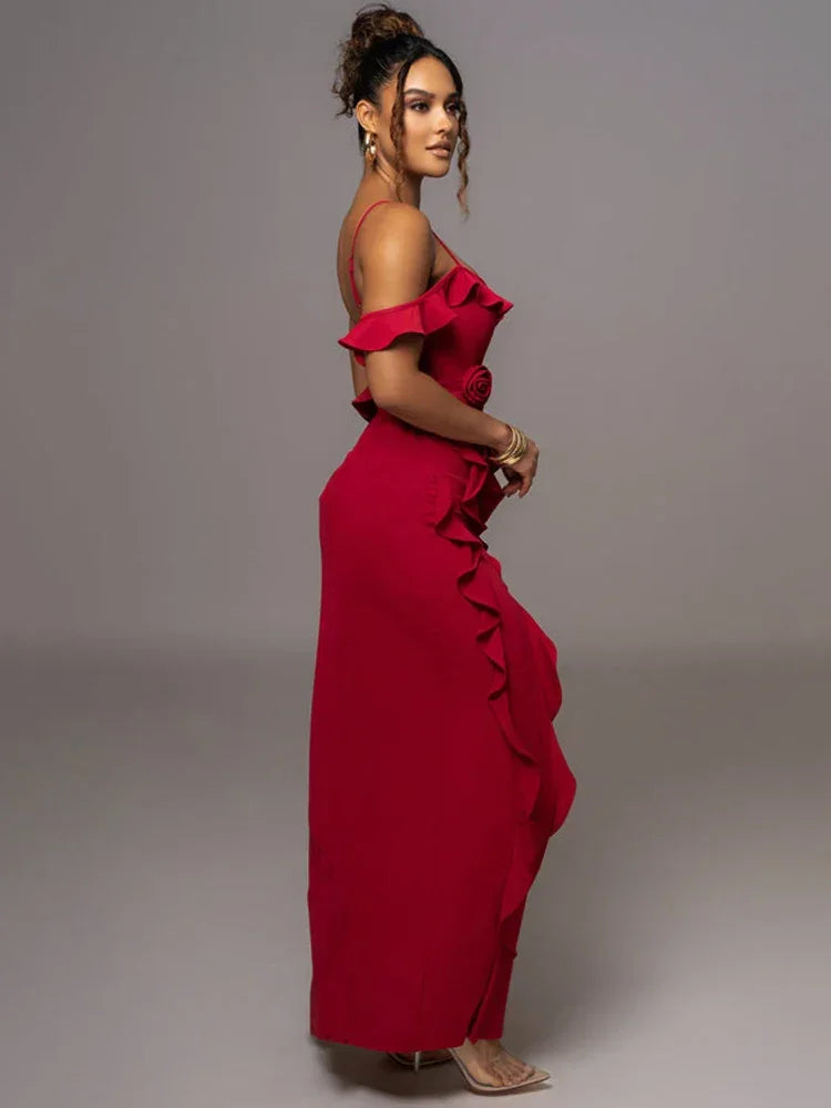 LUX Red Ruffle Slit Maxi Dress