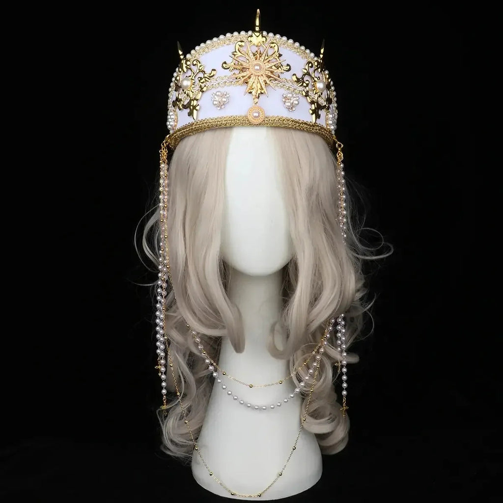 Sun Goddess Angel KC Halo Crown Headpiece Queen Anna Baroque Pearl Tiara Headband Lolita Collection Gothic Accessories