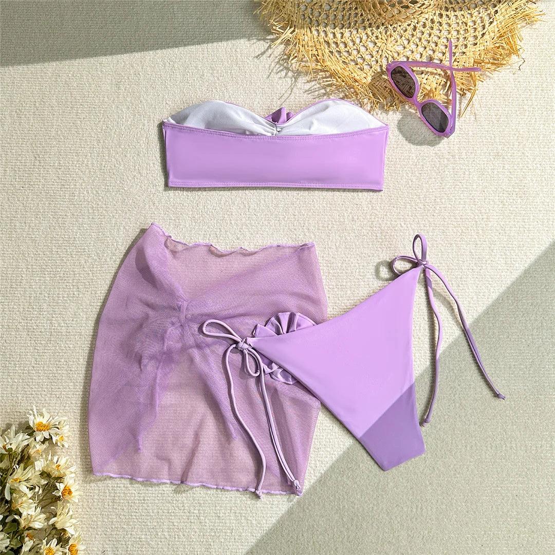 New 3D Flowers With Sarong Bandeau Bikini Female Swimsuit Women Swimwear Three-pieces Bikini set Bather Bathing Suit Swim V5526