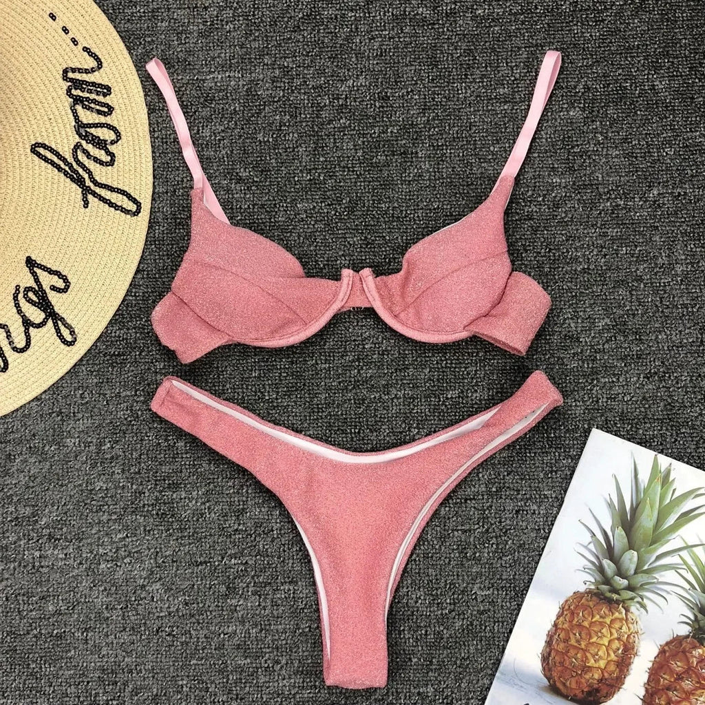 Sexy Silver Glitter Bikini 2022 Swimwear Women Push Up Cut Out Underwire Thong Swimsuit Summer Brazilian Bathing Suit Biquini