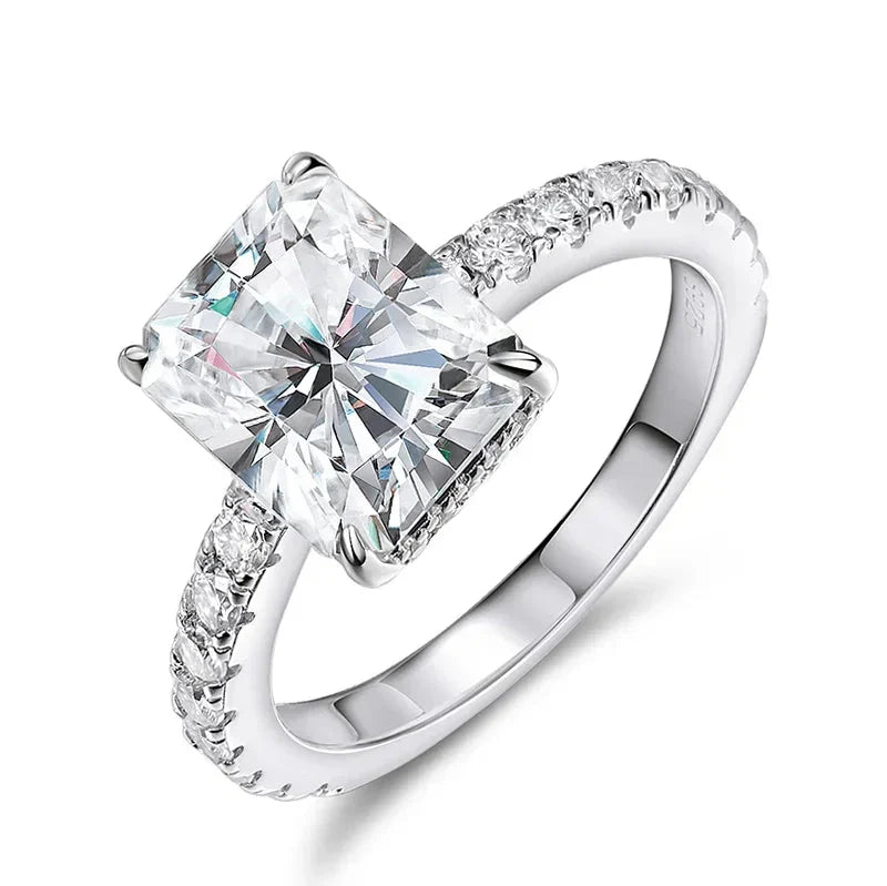 Emerald/Radiant Cut Real Full Moissanite Ring for Women 8*10mm D Color Diamond 925 Sterling Silver Wedding Band with Certificate
