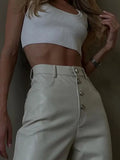White Faux Leather High Waist Button Up Straight Leg Pants