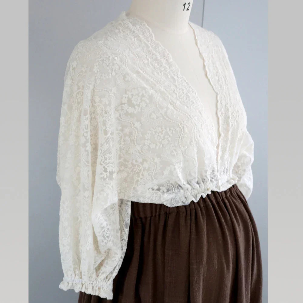 Boho Pregnant Dress Lace&Linen Cotton Combination Two Piece Set Contrast color retro design sense PhotoShoot Pregnancy Dress