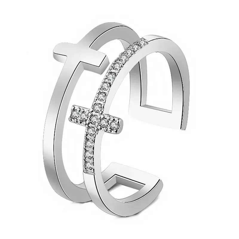 925 Sterling Silver Double Cross Zircon Ring