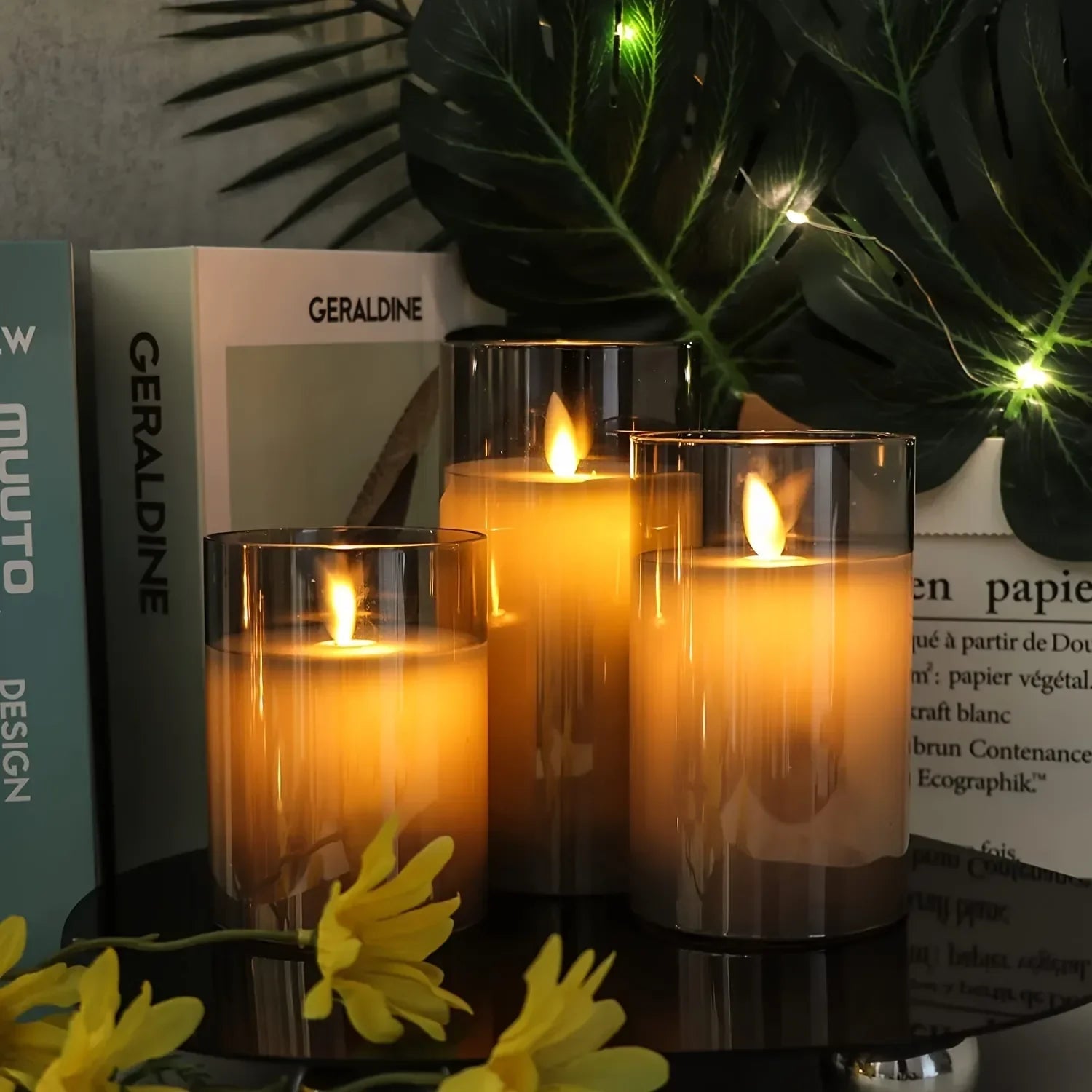 Led Flameless Candles, Battery Operated Flickering Candles Pillar Real Wax Moving Flame Electric Candle Sets Gold Glass