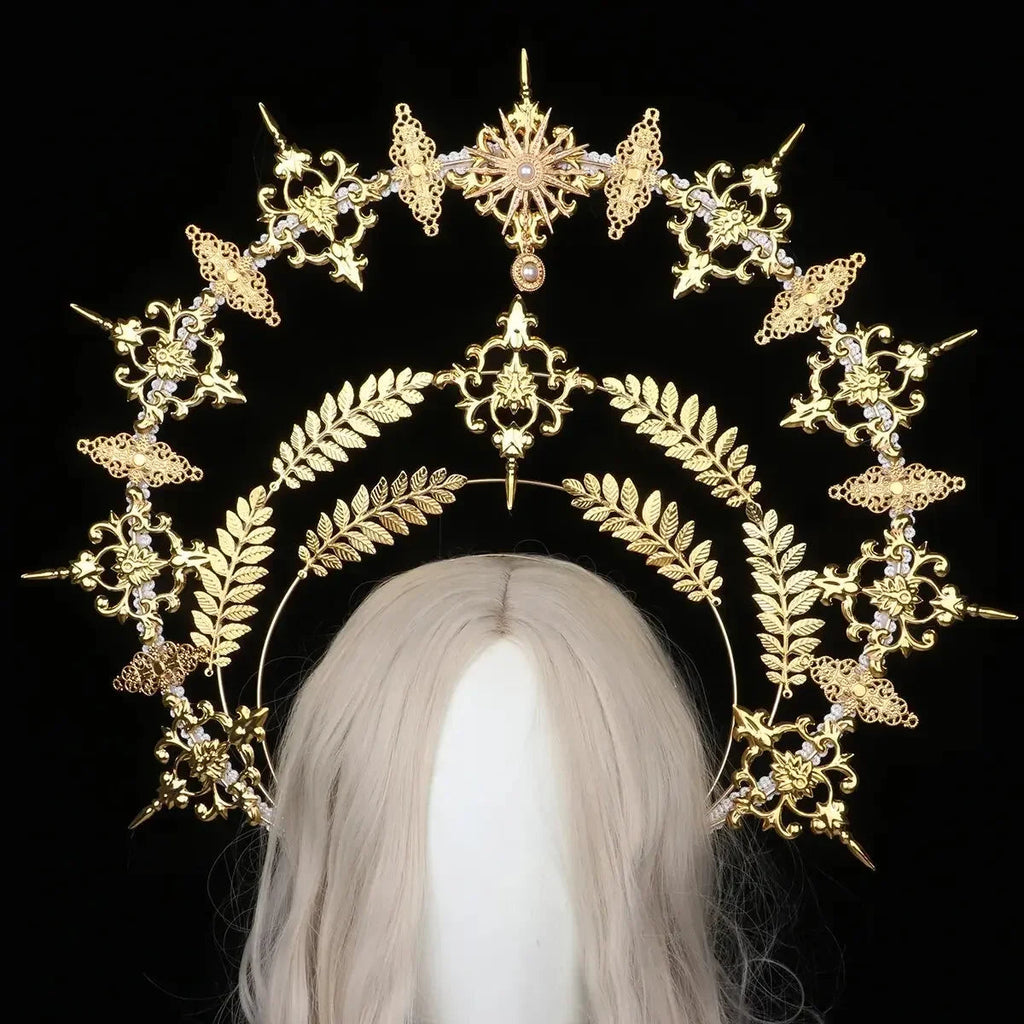Sun Goddess Angel KC Halo Crown Headpiece Queen Anna Baroque Pearl Tiara Headband Lolita Collection Gothic Accessories