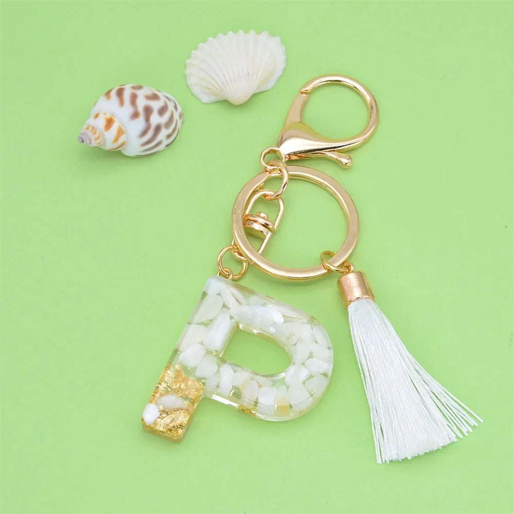 Fashion Bling A to Z Letter Keychain With White Tassel 26 Initial Keychain Car Key Holder Handbag Accessories