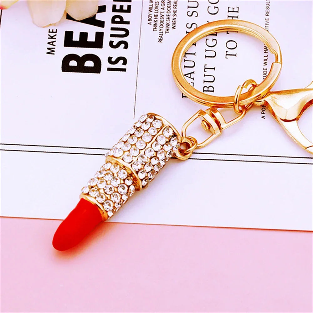 New Lipstick Lips Keychain with Black Rhinestones Key Ring Delicate Metal Pendant Charms for Women Girl Bag Car Accessories