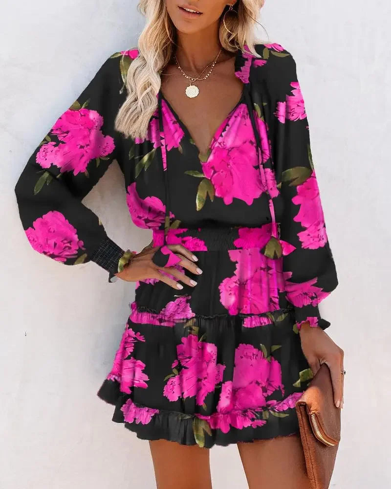 Spring Floral Lantern Sleeve Ruffle Mini Dress