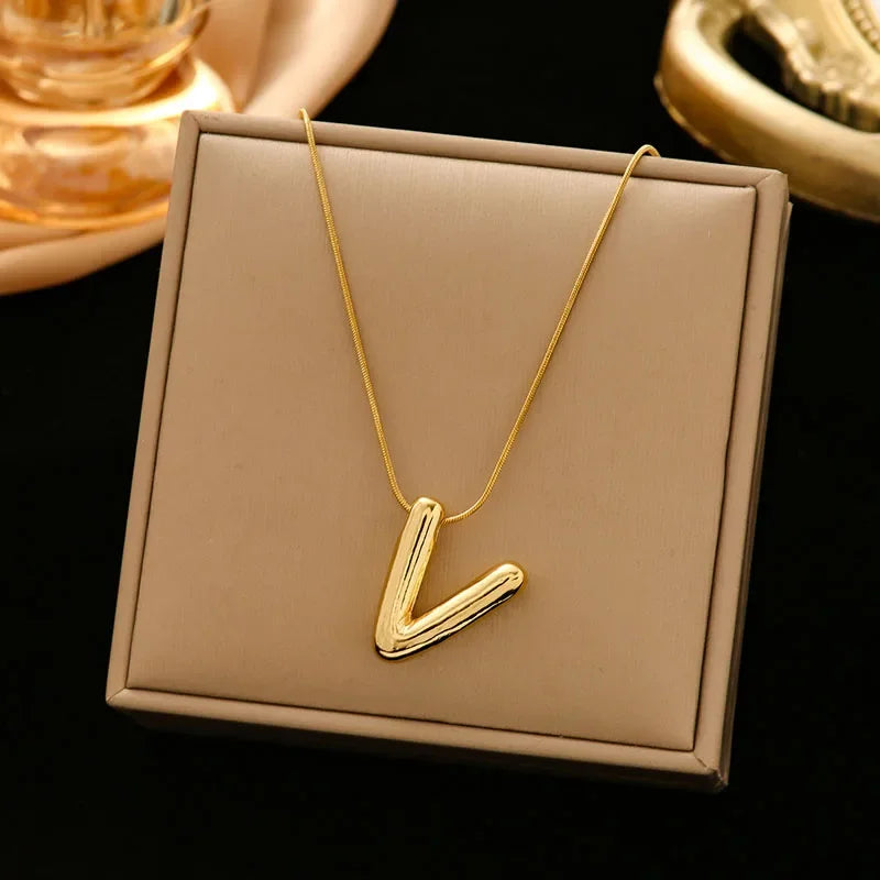 Stainless Steel Chain Gold Plated Letter Necklaces Chunky Alphabet Balloon Bubble Initial Pendant Necklace for Women Men Jewelry