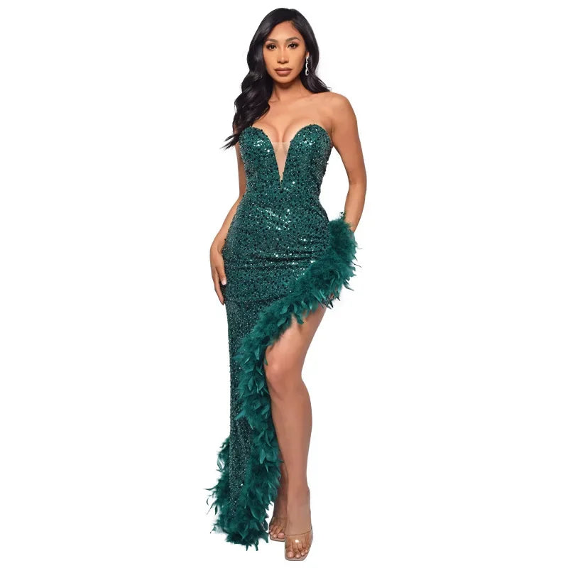 Sequin & Feather Cocktail Party Dress
